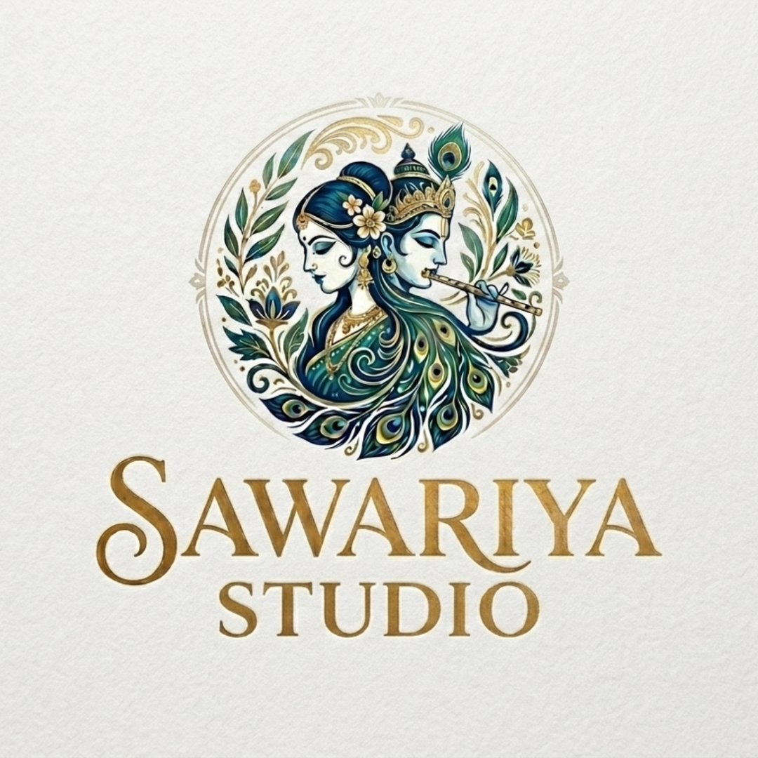 Sawariya Studio logo featuring Radha and Krishna, peacock feathers and gold lettering
